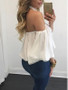 New White Lace Cut Out Halter Neck Off-shoulder Long Sleeve T-Shirt