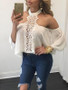 New White Lace Cut Out Halter Neck Off-shoulder Long Sleeve T-Shirt