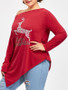 New Red Merry Christams Pattern Irregular One-Shoulder Long Sleeve Plus Size Casual T-shirt
