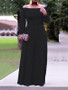 Black Pleated Off Shoulder Belt Long Sleeve Party Maxi Dress