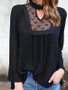 Black Patchwork Lace Cut Out Band Collar Long Sleeve Blouse