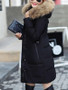 Black Fur Pockets Single Breasted Zipper Hooded Long Sleeve Casual Coat
