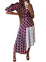 Pink Plaid Pleated Irregular Ruffle Long Sleeve Party Beachwear Maxi Dress