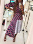 Pink Plaid Pleated Irregular Ruffle Long Sleeve Party Beachwear Maxi Dress