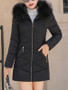 Black Fur Pockets Zipper Hooded Long Sleeve Elegant Coat