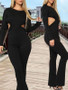 Black Patchwork Cut Out Backless Long Sleeve Round Neck Long Jumpsuit Pants