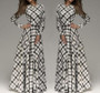 White Plaid Pleated Belt Long Sleeve Maxi Dress