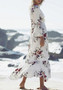 White Floral Long Sleeve V-neck Bohemian Flowy Beach Maxi Dress