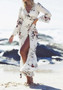 White Floral Long Sleeve V-neck Bohemian Flowy Beach Maxi Dress