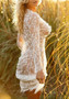 White Floral Lace Embroidery Draped Deep V-neck Long Sleeve Maxi Dress