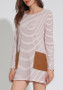 Casual White-Red Striped Patchwork Pockets Round Neck Long Sleeve Casual Mini Dress