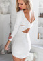 Casual White Plain Cross Back Long Sleeve Mini Dress