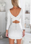 Casual White Plain Cross Back Long Sleeve Mini Dress