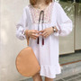 Casual White Floral Embroidery Ruffle V-neck Long Sleeve Mini Dress