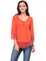 Casual V-Neck Decorative Lace Hem Plain Long Sleeve T-Shirt