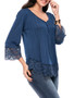 Casual V-Neck Decorative Lace Hem Plain Long Sleeve T-Shirt