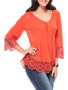 Casual V-Neck Decorative Lace Hem Plain Long Sleeve T-Shirt