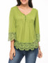 Casual V-Neck Decorative Lace Hem Plain Long Sleeve T-Shirt