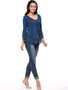 Casual V-Neck Decorative Lace Hem Plain Long Sleeve T-Shirt