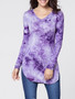 Casual V Neck Tie&dye Curved Hem Long Sleeve T-shirt