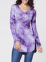 Casual V Neck Tie&dye Curved Hem Long Sleeve T-shirt