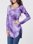 Casual V Neck Tie&dye Curved Hem Long Sleeve T-shirt