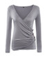 Casual Surplice Pleated Decorative Button Plain Long Sleeve T-Shirt