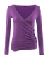 Casual Surplice Pleated Decorative Button Plain Long Sleeve T-Shirt