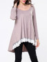 Casual Round Neck Patchwork Dip Hem Long Sleeve T-shirt