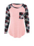 Casual Round Neck Patch Pocket Plaid Raglan Long Sleeve T-Shirt