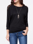 Casual Round Neck Hollow Out Plain Batwing Long Sleeve T-Shirt