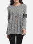 Casual Round Neck Hollow Out Patchwork Plain Long Sleeve T-shirt