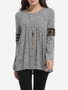 Casual Round Neck Hollow Out Patchwork Plain Long Sleeve T-shirt