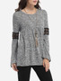 Casual Round Neck Hollow Out Patchwork Plain Long Sleeve T-shirt