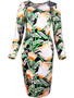 Casual Round Neck Floral Printed Mini Long Sleeve Bodycon Dress