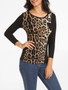 Casual Round Neck Cotton Leopard Printed Patchwork Long Sleeve T-shirt