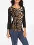 Casual Round Neck Cotton Leopard Printed Patchwork Long Sleeve T-shirt