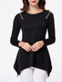 Casual Round Neck Asymmetric Hem Zips Plain Long Sleeve T-Shirt