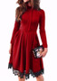 Casual Red Patchwork Lace Pleated Band Collar Long Sleeve Mini Dress