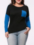 Casual Patch Pocket Color Block Long Sleeve Plus Size T-Shirt