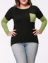 Casual Patch Pocket Color Block Long Sleeve Plus Size T-Shirt
