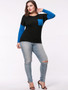 Casual Patch Pocket Color Block Long Sleeve Plus Size T-Shirt