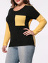 Casual Patch Pocket Color Block Long Sleeve Plus Size T-Shirt