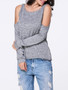 Casual Open Shoulder Zips Plain Long Sleeve T-Shirt