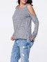 Casual Open Shoulder Zips Plain Long Sleeve T-Shirt