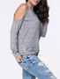 Casual Open Shoulder Zips Plain Long Sleeve T-Shirt