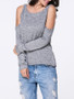 Casual Open Shoulder Zips Plain Long Sleeve T-Shirt