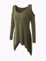 Casual Open Shoulder Asymmetric Hem Plain Long Sleeve T-Shirt