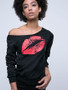 Casual One Shoulder Lip Printed Long Sleeve T-Shirt