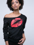 Casual One Shoulder Lip Printed Long Sleeve T-Shirt